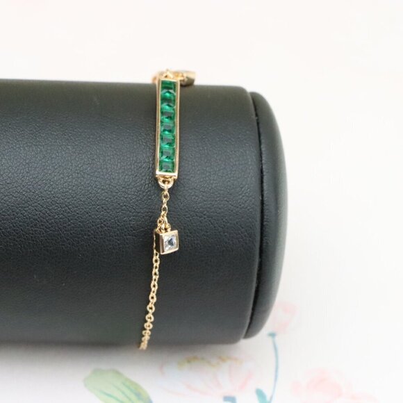 "Emerald Green Bar Charm Rose Gold Bracelet with CZ Accents, XPBL0806 - Picture 7 of 11